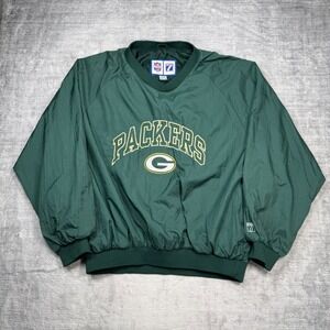 Green Bay Packers Jacket Mens XL Green V Neck Vintage 90s Logo 7 Windbreaker NFL